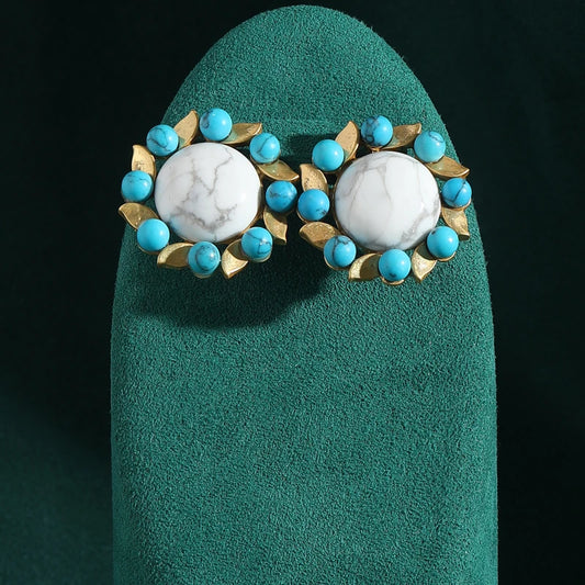 Vintage White Natural Stone Flower Shape Stud Blue Flower Antique Earrings