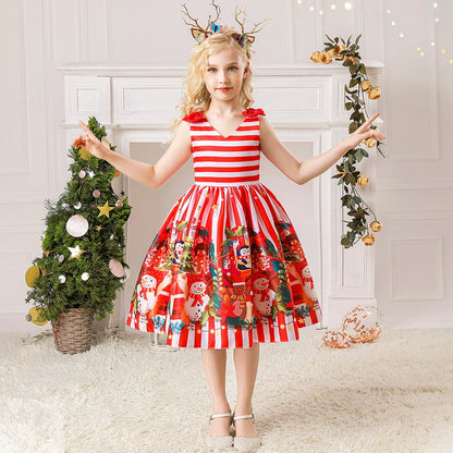 Girls Kids New Year Party Santa Claus Snowman Print Cosplay Costume Xmas Princess Theme Party Dress