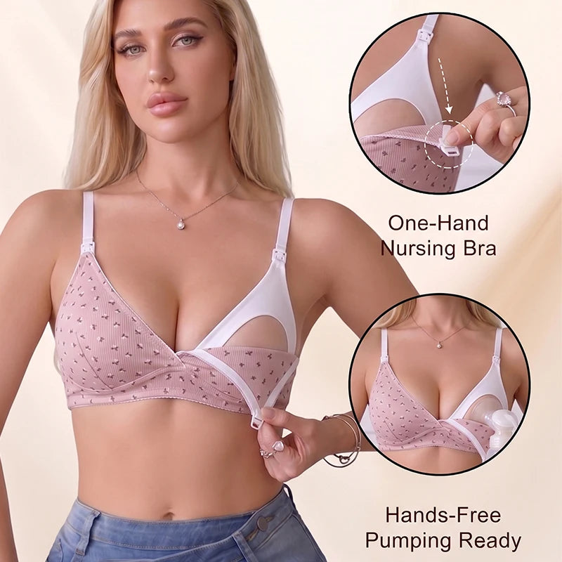 Women Cotton Pink Nursing Front Clip Floral Print Ribbed Wireless Breastfeeding Maternity Bra