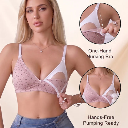 Women Cotton Pink Nursing Front Clip Floral Print Ribbed Wireless Breastfeeding Maternity Bra
