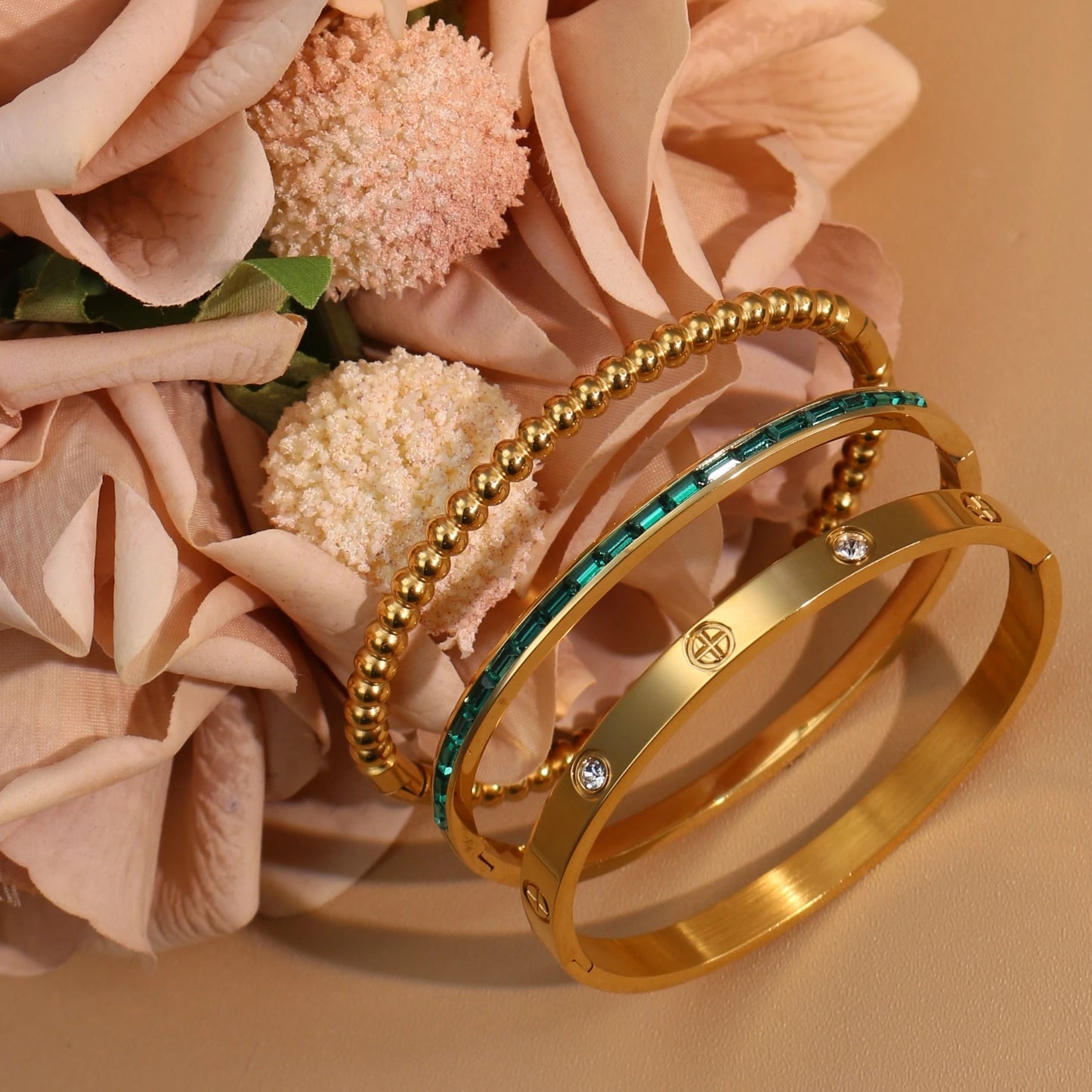 Women 18k Gold Plated Stainless Steel Green Zircon Bangles Bracelet Set Gift.