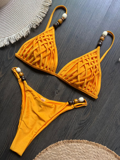 Sexy Women Pearls Strap Hole Out Push Up Bra Thong Swimsuit Brazilian Beach Bathing Micro Bikini Suit