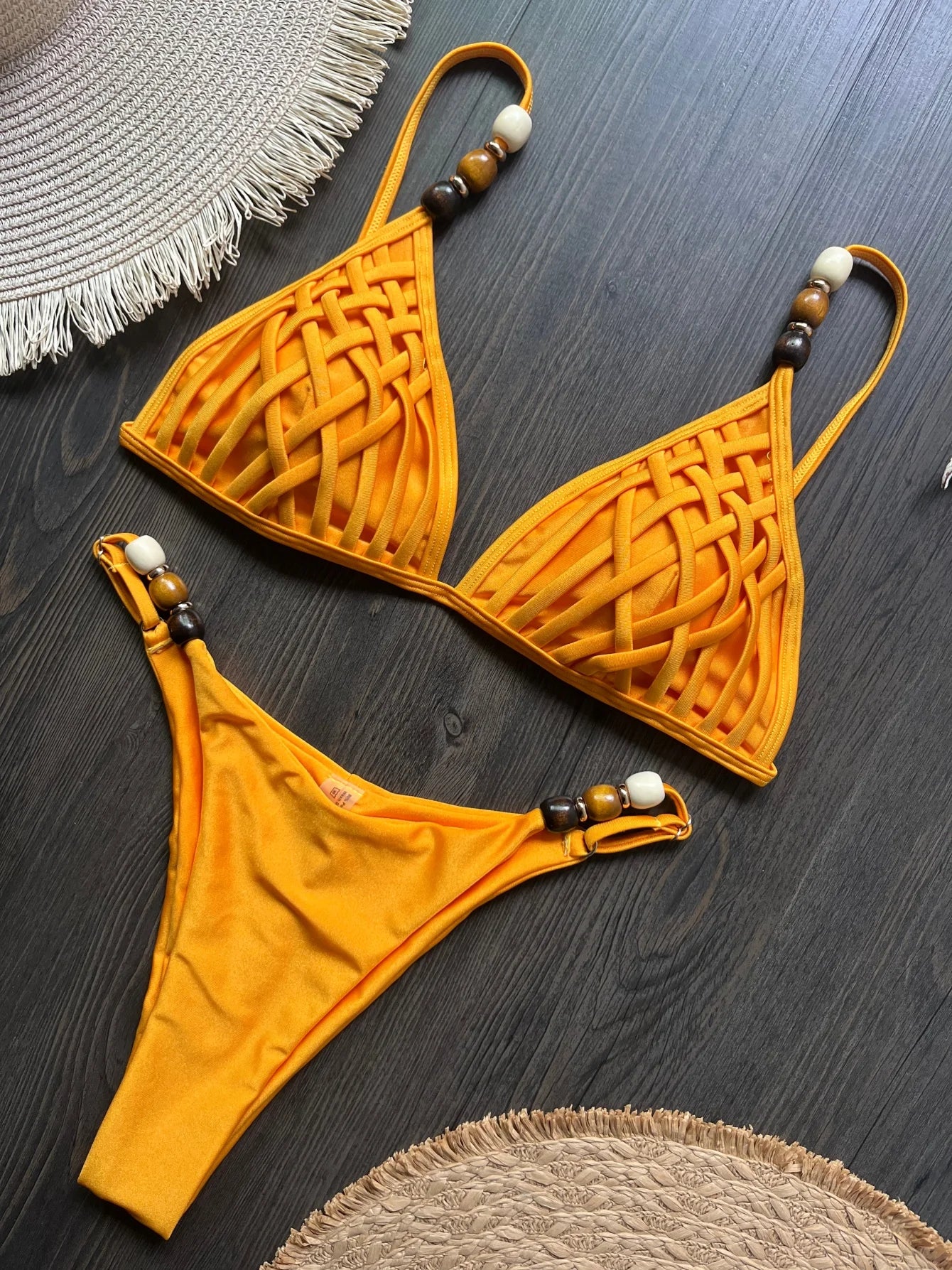 Sexy Women Pearls Strap Hole Out Push Up Bra Thong Swimsuit Brazilian Beach Bathing Micro Bikini Suit