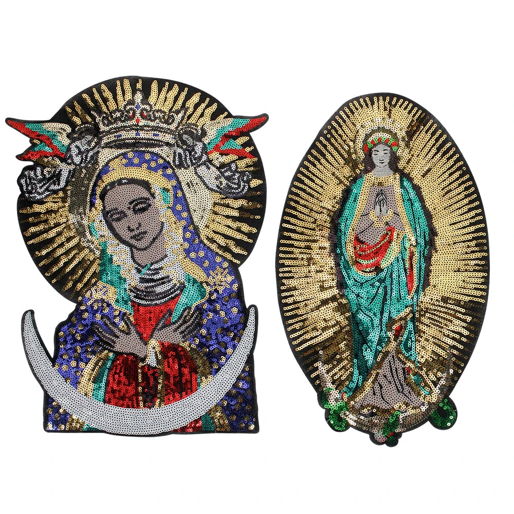 Large Sequins cross rose Blessed Virgin Mary Goddess Embroidery Patches for Clothes DIY sew Stripes Applique