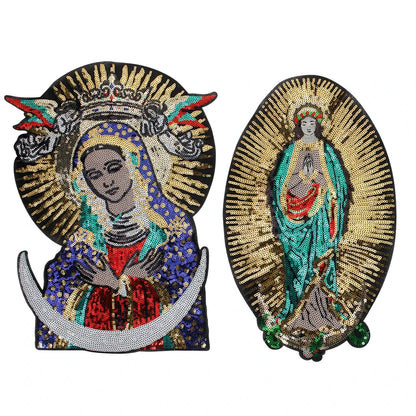 Large Sequins cross rose Blessed Virgin Mary Goddess Embroidery Patches for Clothes DIY sew Stripes Applique