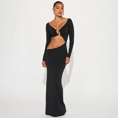 Women Hollow Out Long Sleeve Maxi V Neck Backless Bodycon Evening Maxi Dress