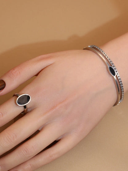 Luxury 2-In-1 Wedding Gold Black Acrylic Stainless Steel Ring Bangles Set