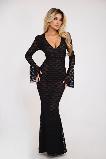 Elegant Lace Long Sleeve Maxi Fashion Deep V Neck Bodycon Party Long Dress