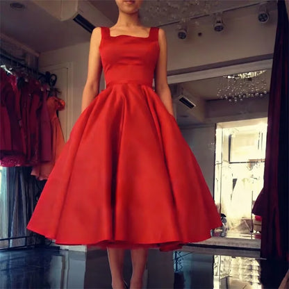 Women's Square Neck Satin Prom Bow A Line Backless Tea Length Formal Evening Party Dress w/ Pockets