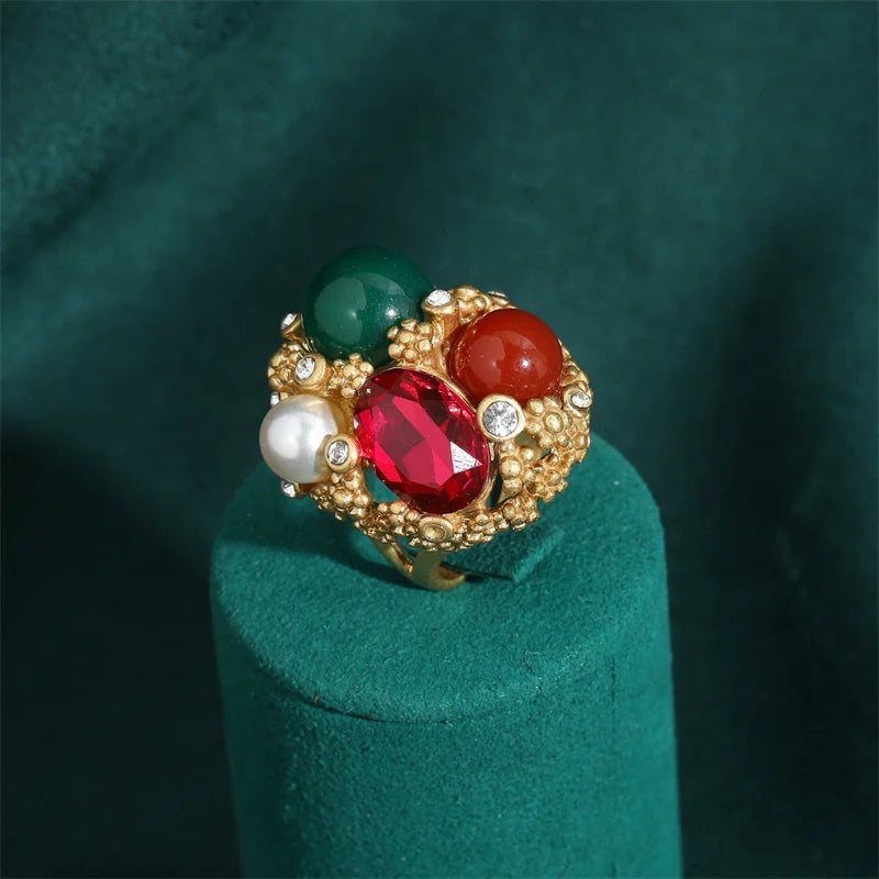 Women Vintage Antique Gold Color Oval Crystal Emerald Round Natural Stone Rings