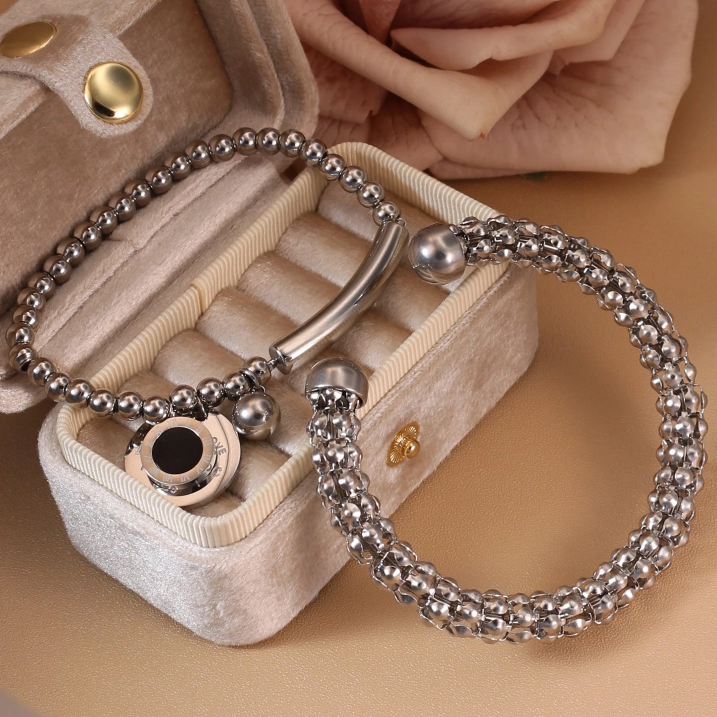 Luxury Women Roman Numeral Bead 18K Gold-Plated Stainless Steel Bangle Bracelet