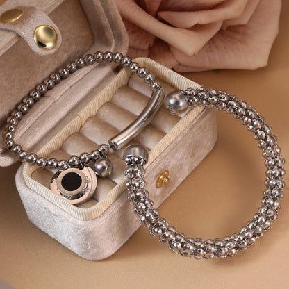 Luxury Women Roman Numeral Bead 18K Gold-Plated Stainless Steel Bangle Bracelet
