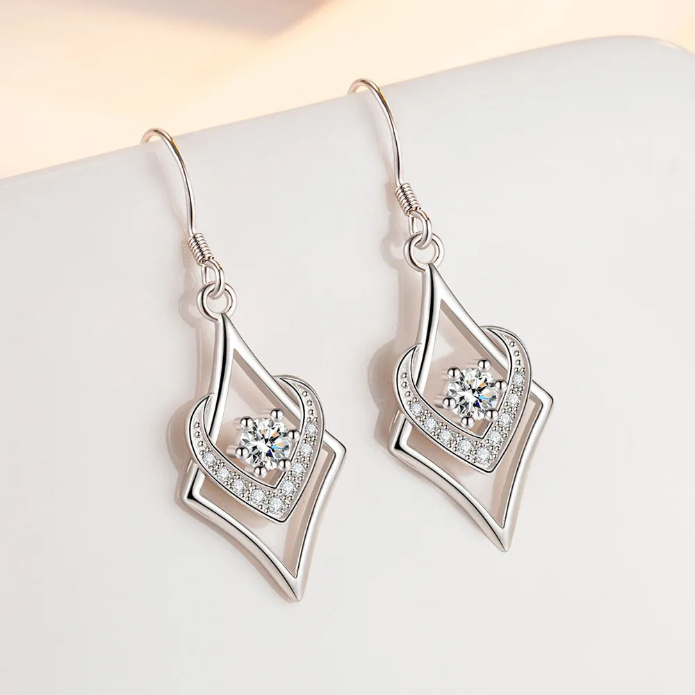 Solid 925 Sterling Silver Women Diamond Shaped Heart Crystal Zircon Drop Earrings