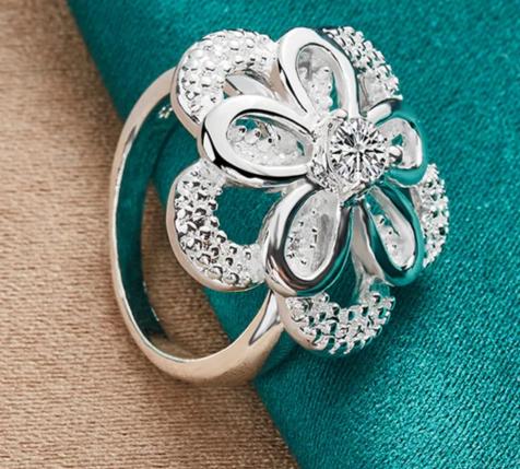 925 Sterling Silver Big Flower Zircon Women Man Fashion Wedding Engagement Party Charm Ring