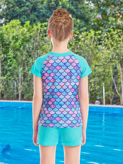 2pcs Kids Girls Short Sleeve Tops Swim Shorts Scale Print Patchwork Beach Bathing Swimwear