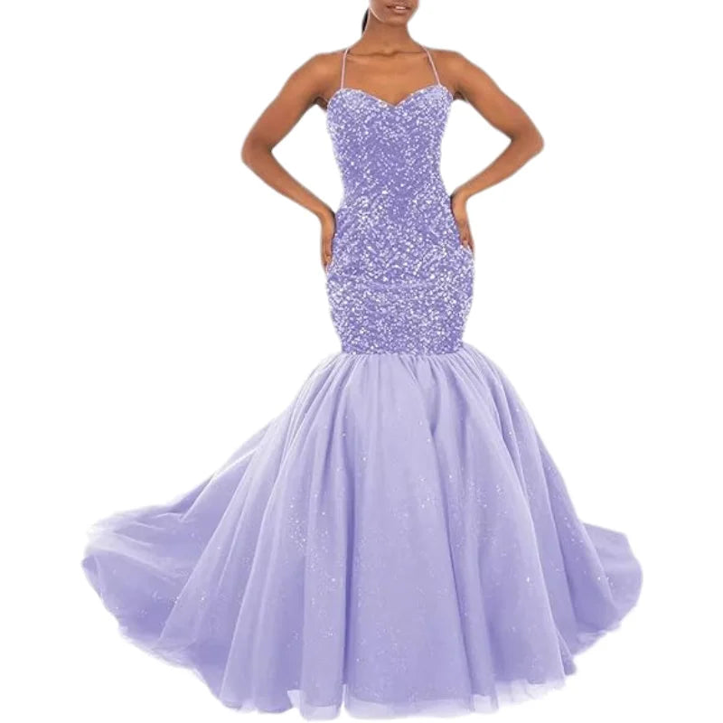 Sparkly Sequin Prom Women Long Tulle Halter Ball Gown Sleeveless Mermaid Formal Evening Party Dress