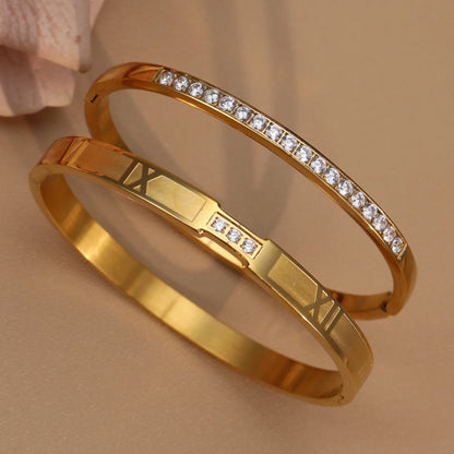 Women Zircon Roman Numeral Stainless Steel Plated 18K Gold Bracelet
