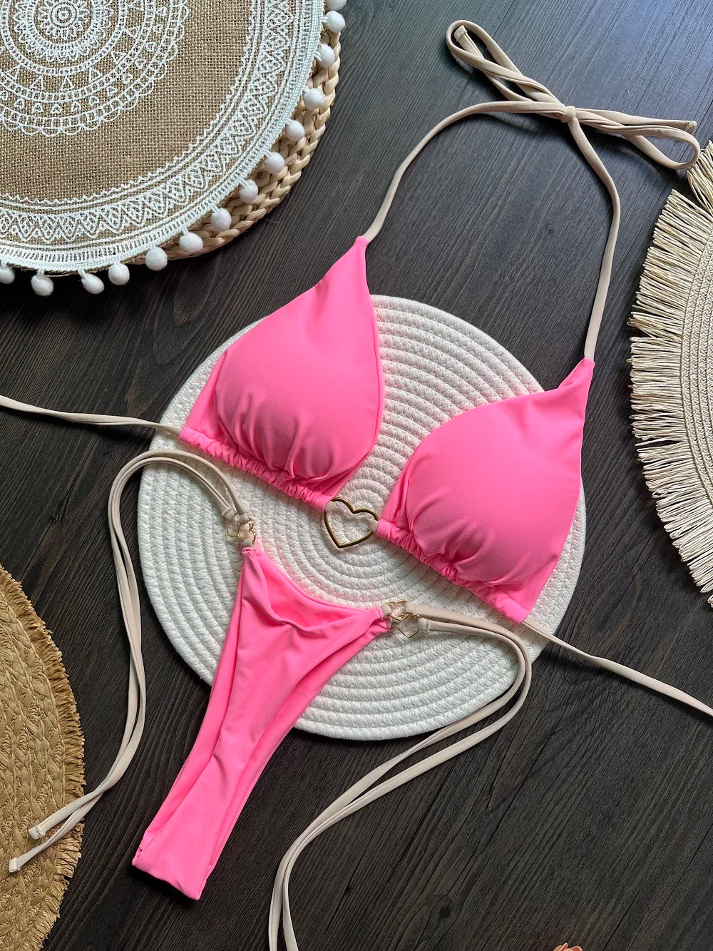 Solid Color Bikini Low Waist Lace-up Fashionable Swimsuit Two-piece Suit