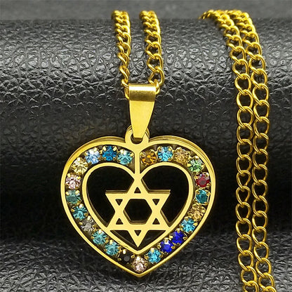 Women Men Silver Color Stainless Steel Jewish Star of David Hexagram Heart Shape Necklace