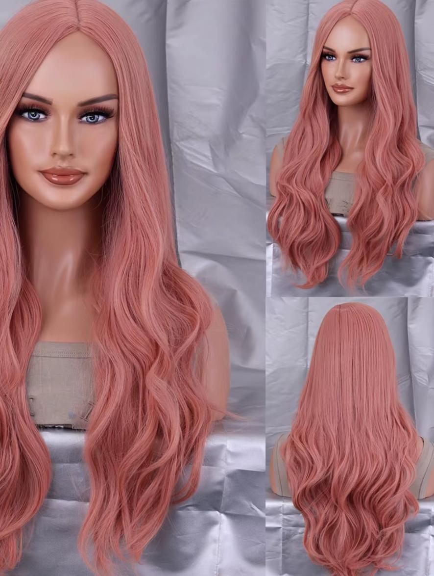 Women Purple Half Pink Synthetic Hair Wigs w/ Bangs Heat Resistant