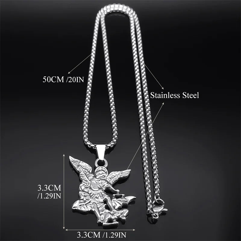 Women Men Stainless Steel Saint Protection St Archangel Michael Chain Necklace