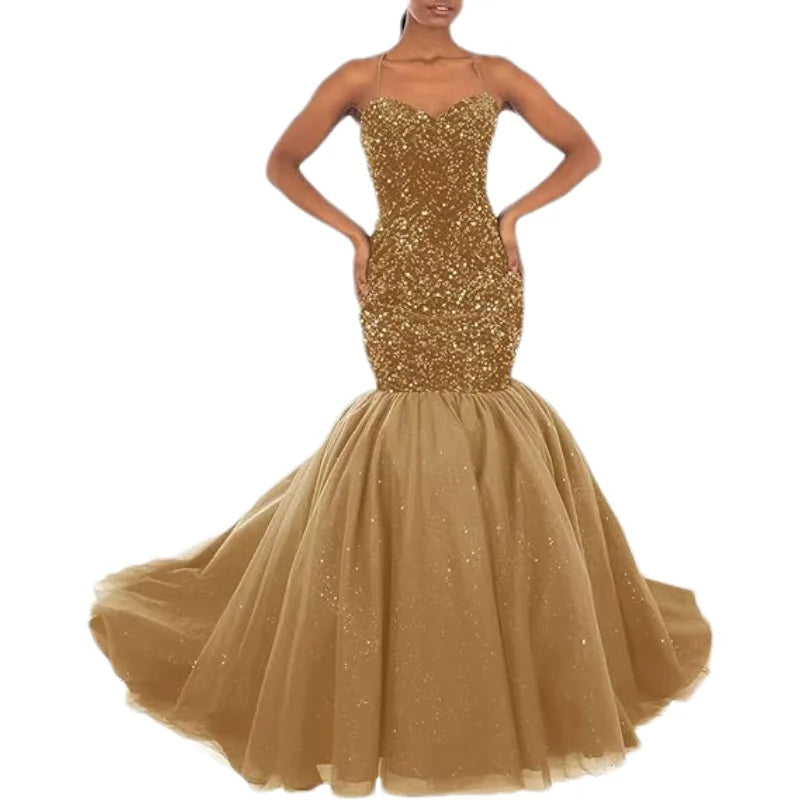 Sparkly Sequin Prom Women Long Tulle Halter Ball Gown Sleeveless Mermaid Formal Evening Party Dress