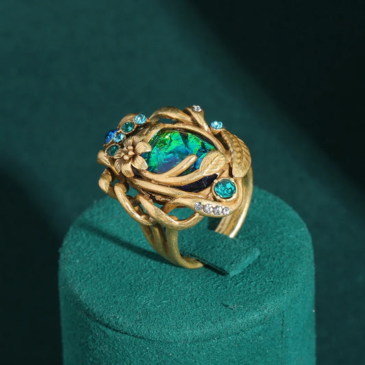 Vintage Green Abalone Shell Unique Bohemia 18k Gold Color Petals Antique Women Ring