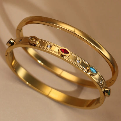 2-in-1 Women 18 K Gold Plated Zircon Stainless Steel Curved Bracelet Gift Bangle