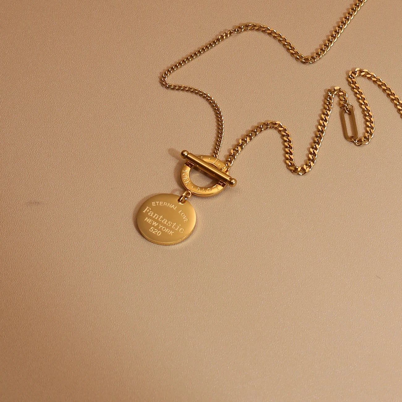 FOREVER LOVE Roman Numeral Round Stainless Steel 18K Gold Pated Women's Pendant Necklace