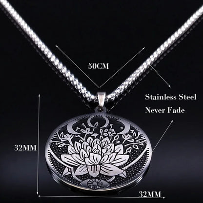 2024 Wicca Lotus Stainless Steel Black Silver Color Chain Pendant Necklace