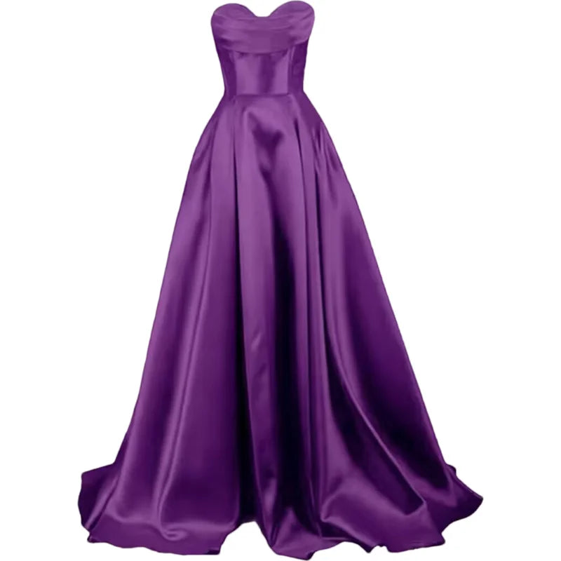 Sweetheart Strapless Pleat Satin Prom Women Long A Line Corset Formal Evening Party Dress w/ Pockets