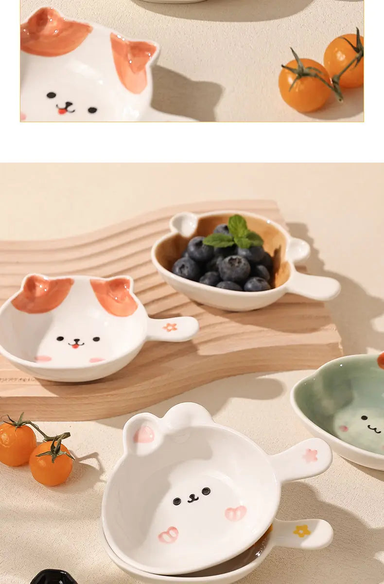 Ceramics Snack Cartoon Animals Saucer Dipping Sauce Dish Handle Dinner Plate Pot