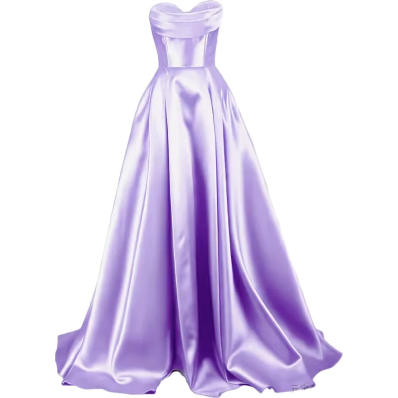 Sweetheart Strapless Pleat Satin Prom Women Long A Line Corset Formal Evening Party Dress w/ Pockets