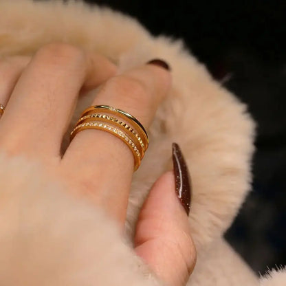 Women 18k Gold Wedding Zircon Inlaid Triple Layer Stainless Steel Fashion Ring