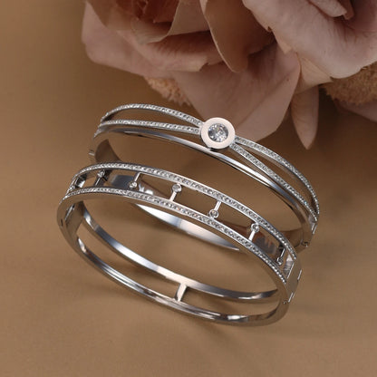 Women Stainless Steel Cross Small Zircon Round Charm Crystal Bangle Bracelet