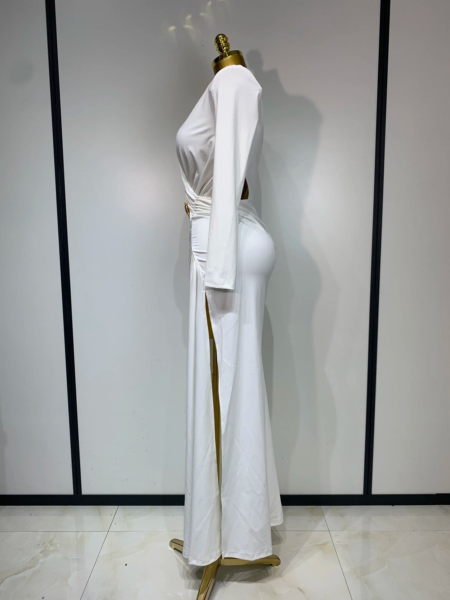 Sexy Long Sleeve V Neck Hollow Out Bodycon Cross Pleated High Split Maxi Club Party Evening Dress