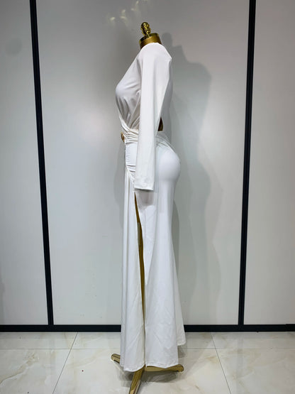 Sexy Long Sleeve V Neck Hollow Out Bodycon Cross Pleated High Split Maxi Club Party Evening Dress