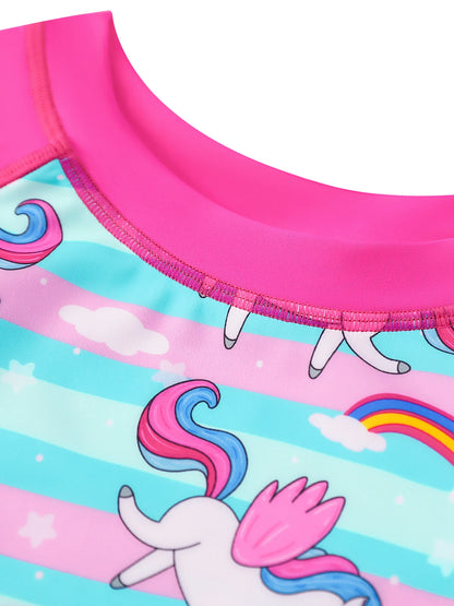 2pcs Kids Girls Long Sleeve Cartoon Horse Rainbow Print Beach Tops & Swim Briefs Swimsuit