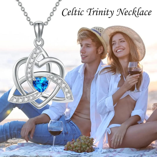 Men Women Romantic Design Heart Shape Blue Crystal Eternal Celtic Knot Pendant Necklace