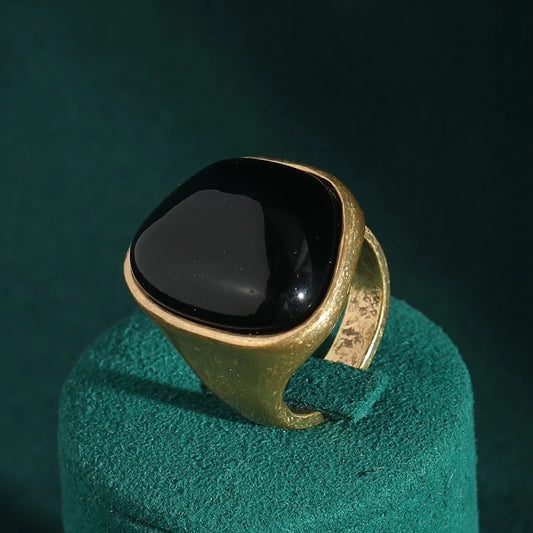 Vintage Smooth Black Irregular Enamel Shape Antique Gold Color Ring