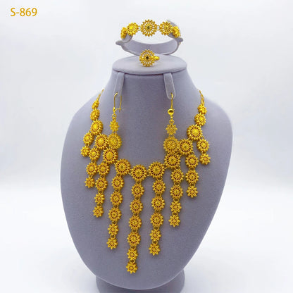 Italian Dubai Women Design 24K Gold Color Wedding Party Necklace Earrings Ring Bracelet Gift