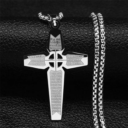 Men Stainless Steel Christian Bible Cross Religious Prayer Chain Big Pendant Necklace