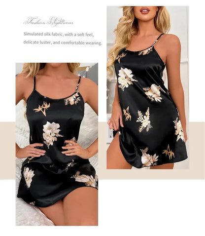 Women Nightwear Black Floral Print Nightdress Sleepwear Gowns