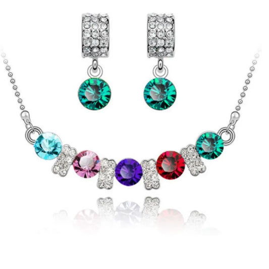 Women Austrian Cystal Multi Colorful Fashion Necklace Earrings Wedding Zircon Giftset