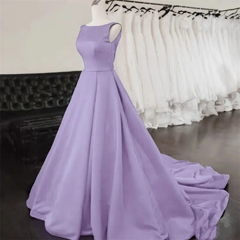 Women's Scoop Neck Sweep Train Prom Backless A-line Satin Long Formal Evening Party Dress w/ Pockets