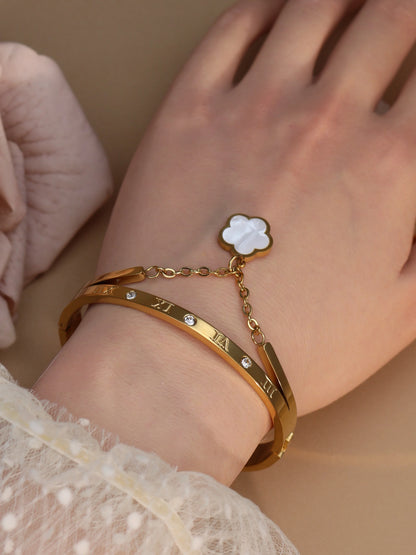 Roman Numeral Crystal Flower Shaped Pendant Stainless Steel Bracelet Bangles