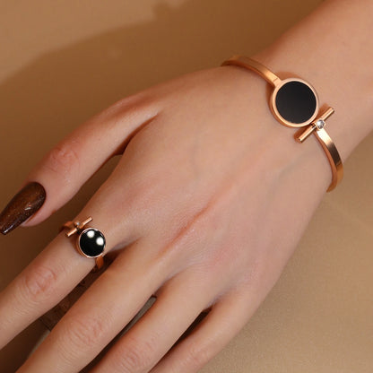 Women 2-In-1Black Acrylic Zirconia Stainless Steel Ring Bangle Bracelet Gifts Set