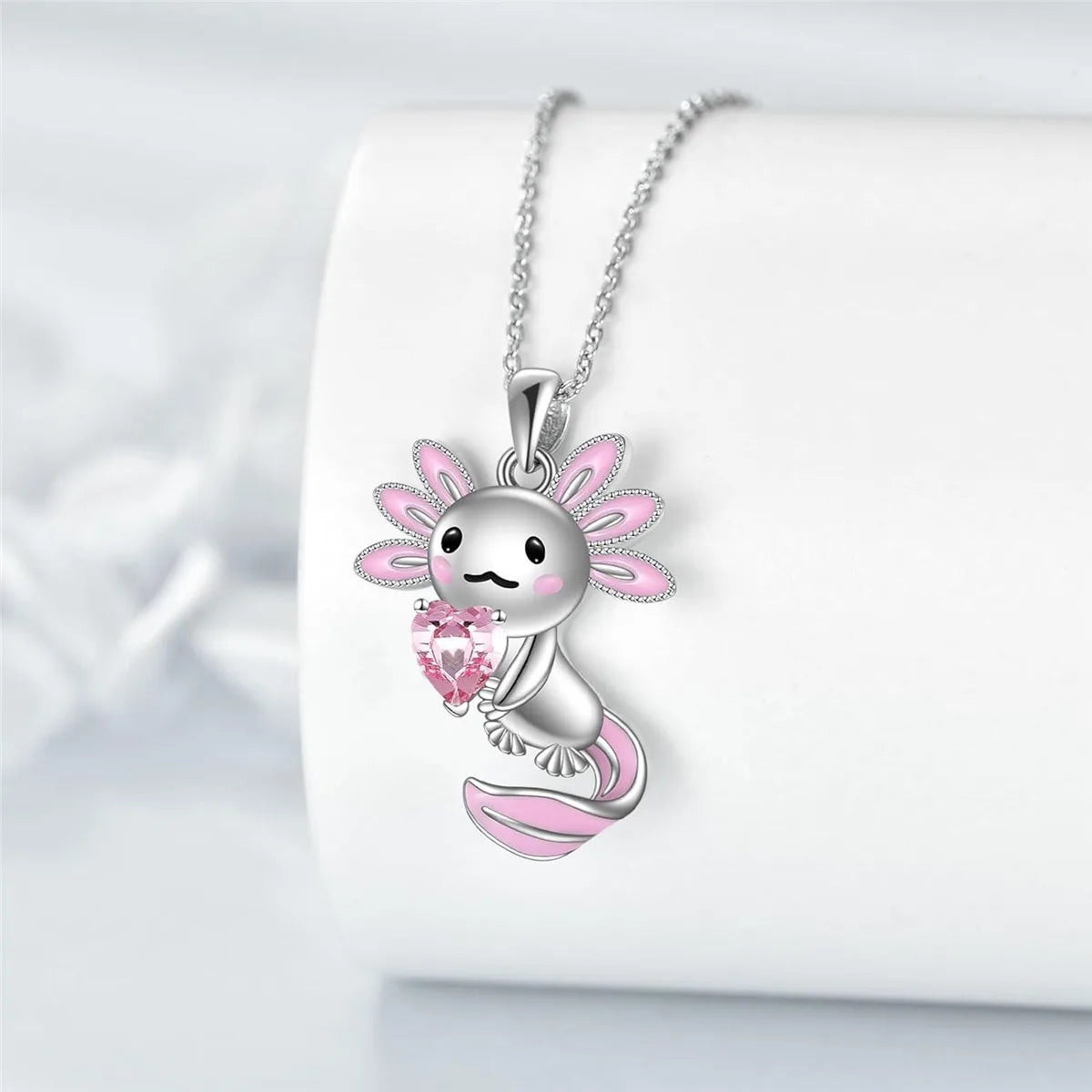 Women Elegant Creative Cute Pink-ear Axolotl Heart Crystal Pendant Necklace