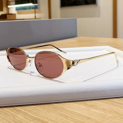 Women Metal Frame Oval Shades Fashion Designer Sunglasses Glasses