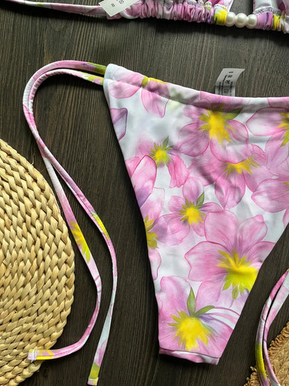 Micro Women Swimsuit Brazilian Bikini Halter Print Push Up Pearl Beachwear Suit